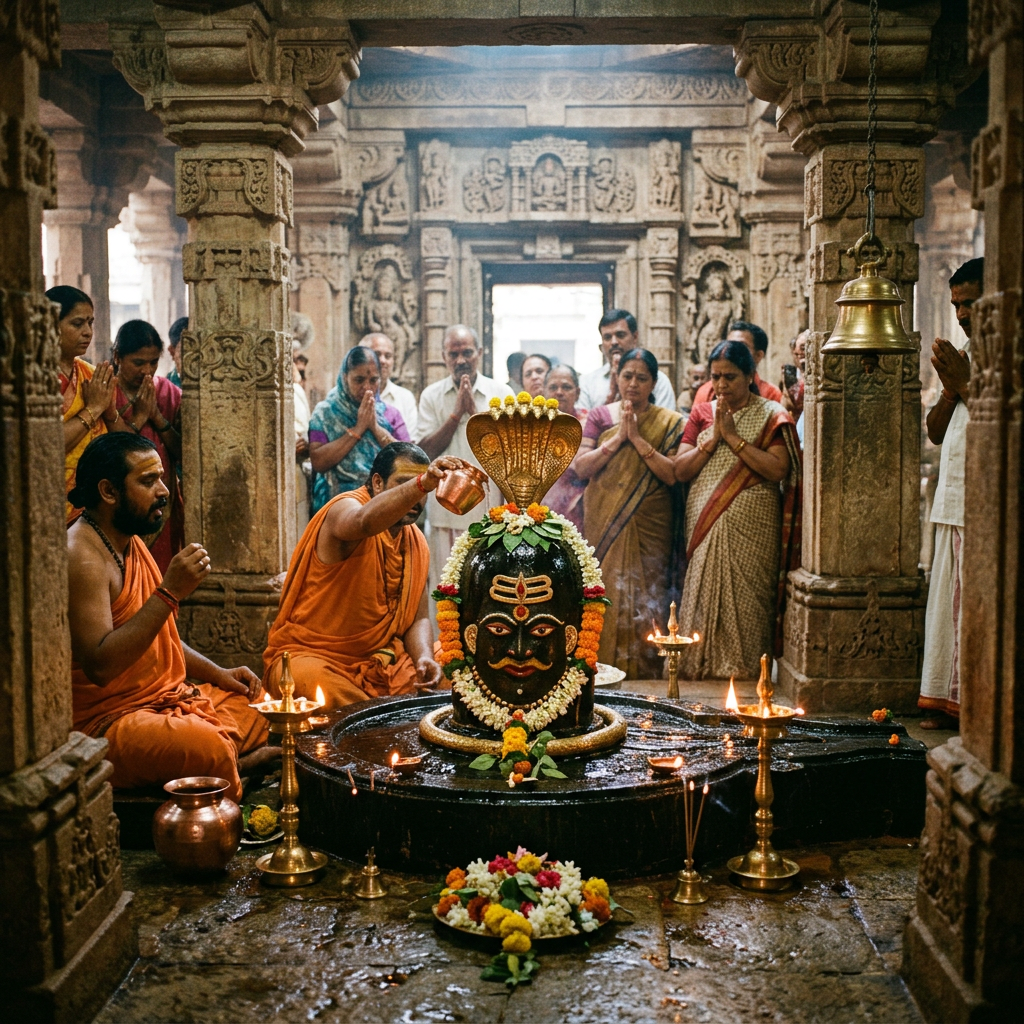 Hindu priests and devotees performing ritual worship around a decorated Shiva lingam inside a stone temple